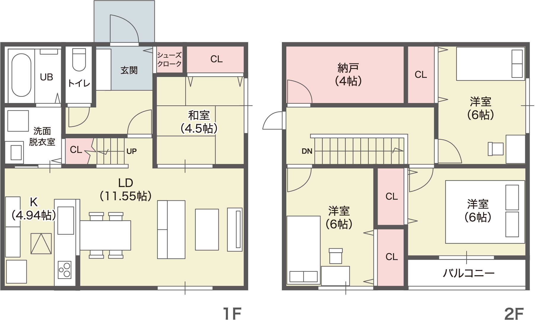 広々、4LDKプラン。シューズクローク、洗面収納、各部屋には1間の収納。2Fには4帖の納戸があり、荷物が多くても安心。